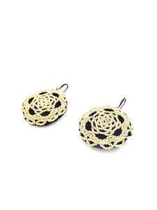 BLACK CLOTH EARRINGS WITH PEARL ROSE EMBROIDERY