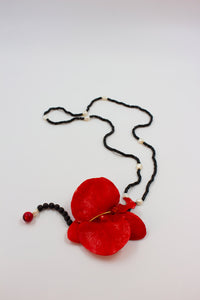 RED ORCHID LONG NECKLACE WITH BLACK STONES AND PEARLS